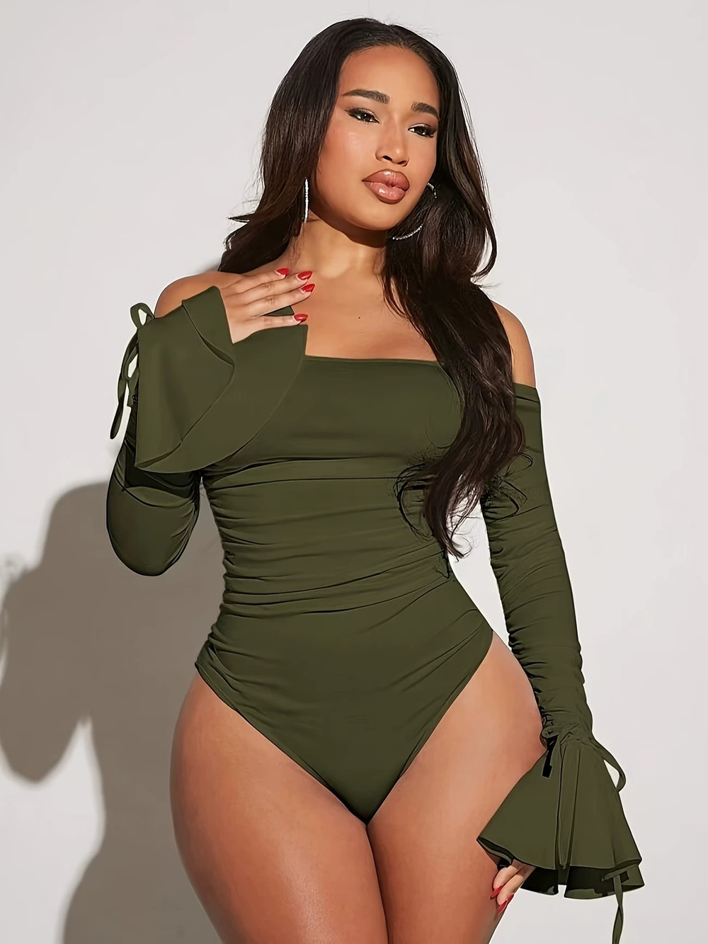 ZARA Women Sexy Off Shoulder Long Flared Sleeve Bodysuit Tie Slim Fit